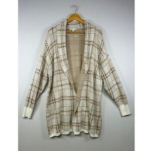 Preppy Neutral Cato Womens 18/20W Cream Tan Plaid Shawl Collar Cardigan Sweater